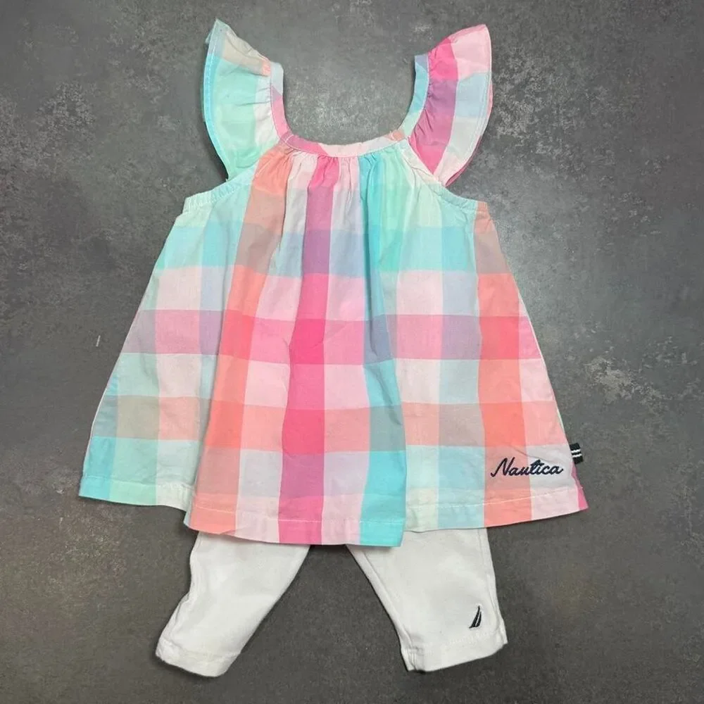 Nautica Pink Plaid Bow Dresss Bloomers Set Capris 3-Piece Outfit 6-9M
